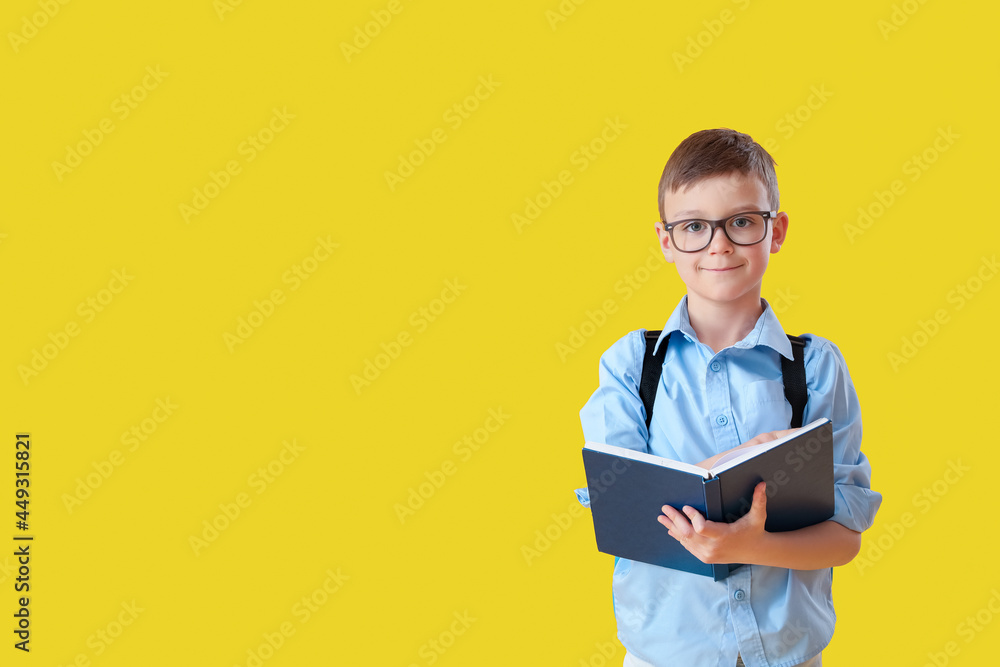 Little schoolboy reading book on color background