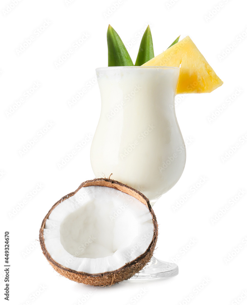 Glass with tasty Pina Colada cocktail on white background