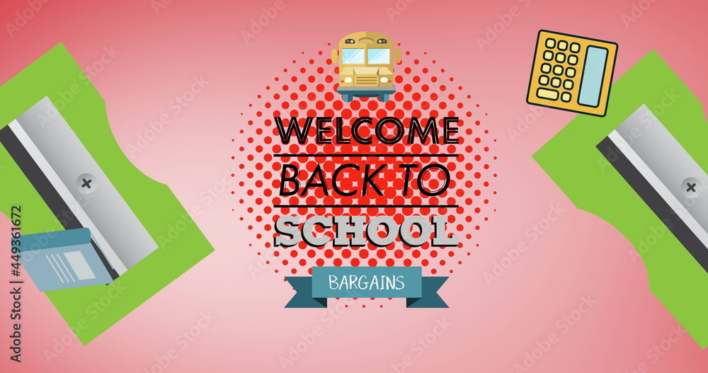 Image of back to school text over school icons