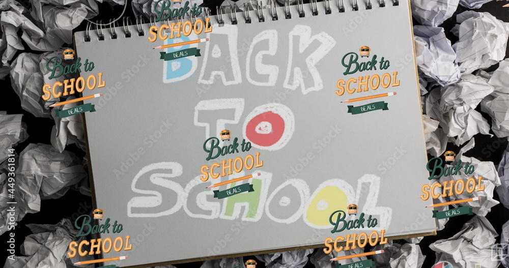 Image of back to school text over school items icons