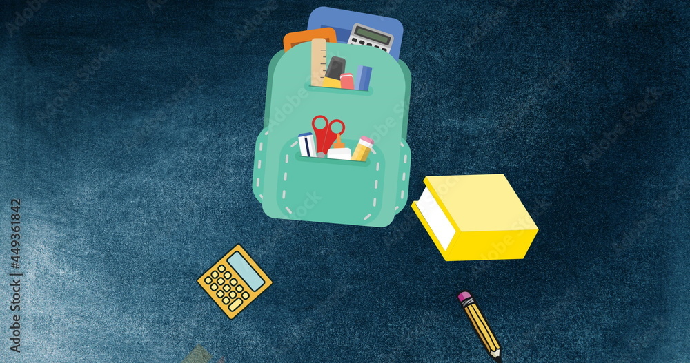 Image of school items icons over black background