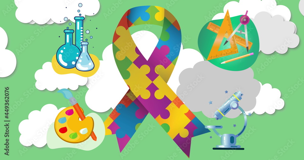 Image of ribbon formed with puzzles over education icons with clouds on green background