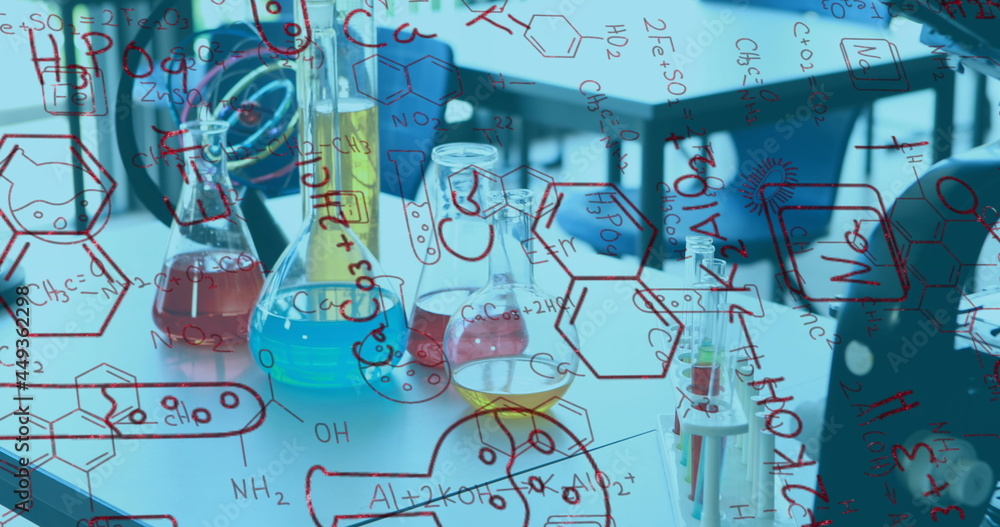 实验室中各种设备的化学结构和配方的数字合成图像