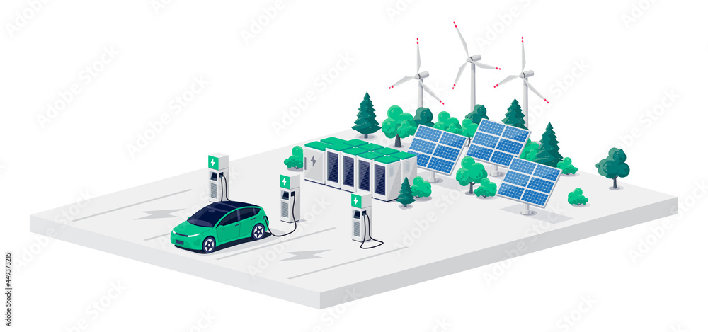 Electric car charging on parking lot with fast supercharger station and many charger stalls. Vehicle