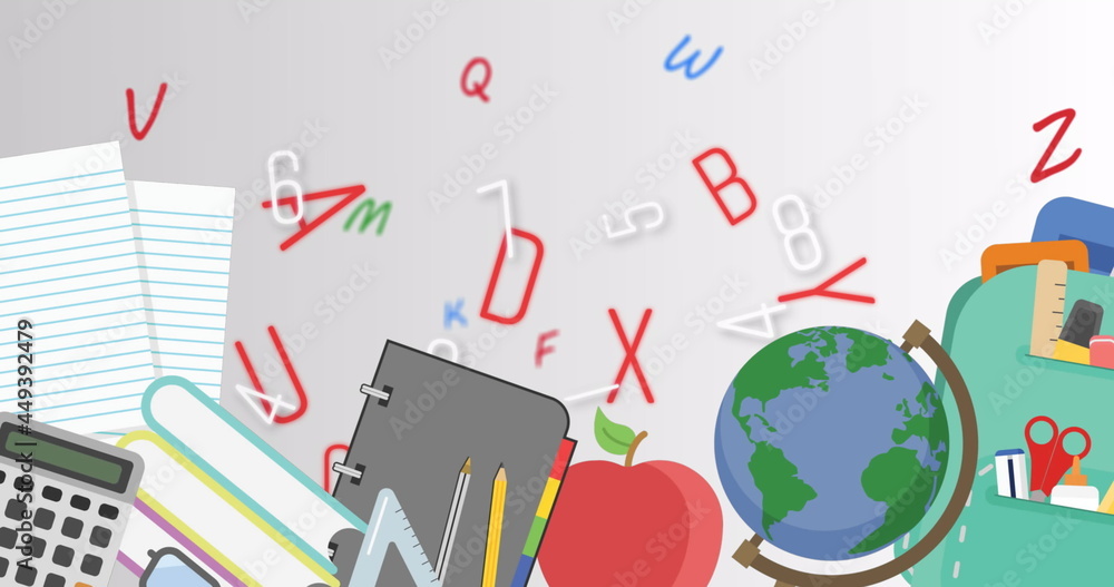 学校概念图标的数字图像对抗多个不断变化的数字和字母