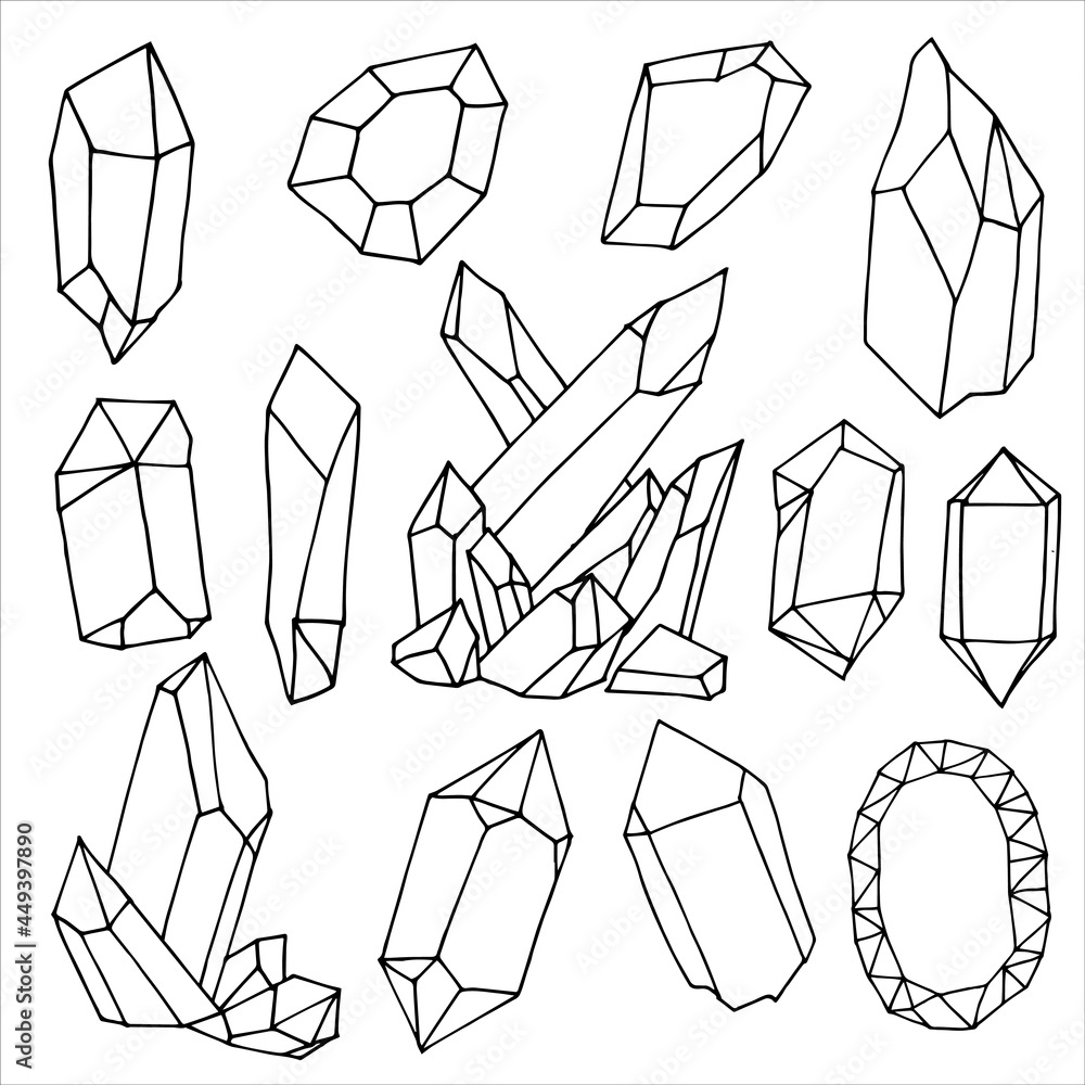 涂鸦风格的矢量插图。一套水晶。水晶的简单图形集