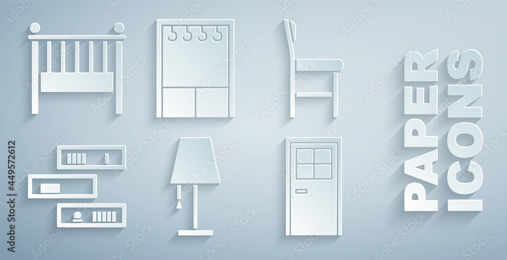 设置台灯、椅子、书架、闭门、衣柜和婴儿床摇篮床图标。矢量