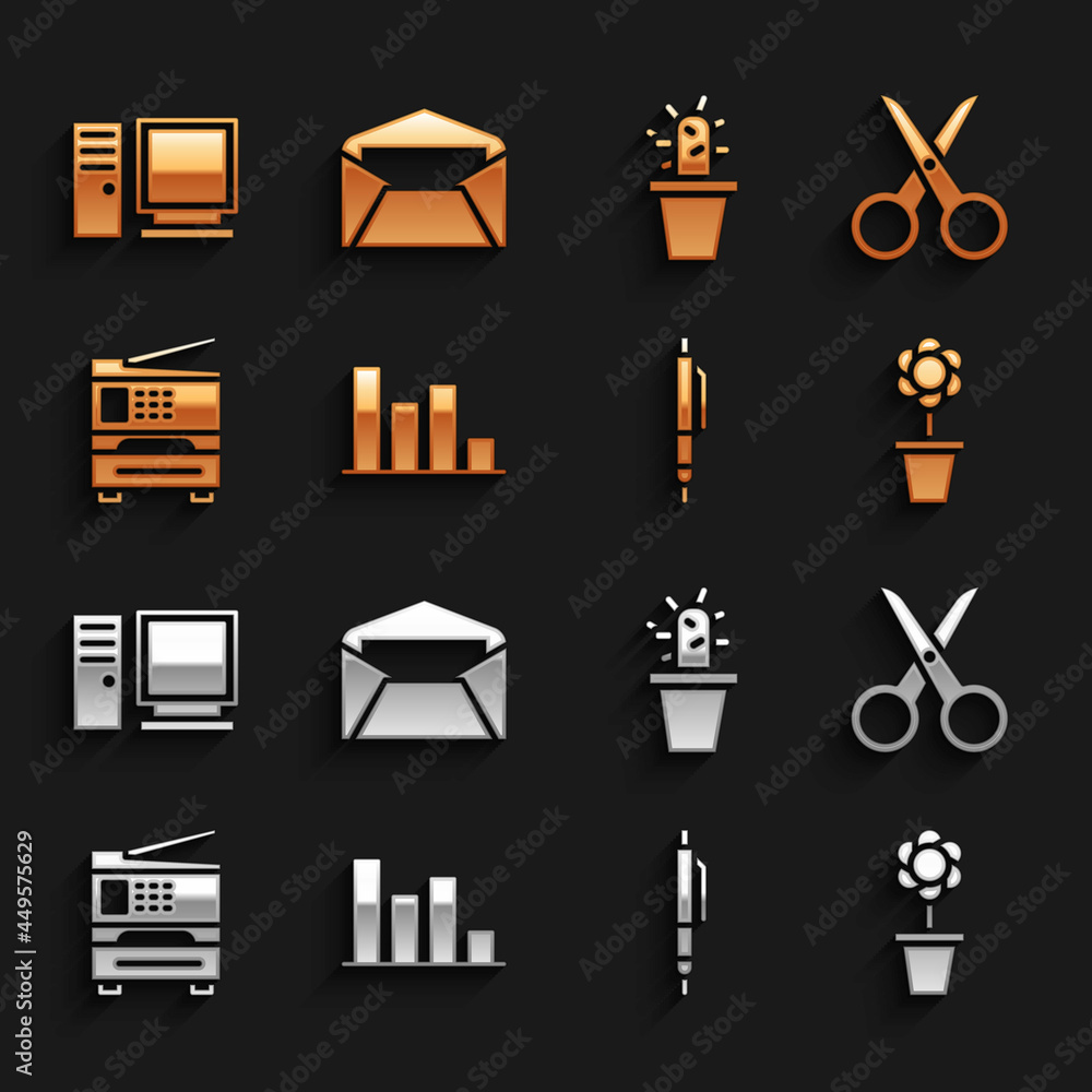 Set Pie chart infographic, Scissors, Flower pot, Pen, Printer, Cactus and succulent, Computer monito
