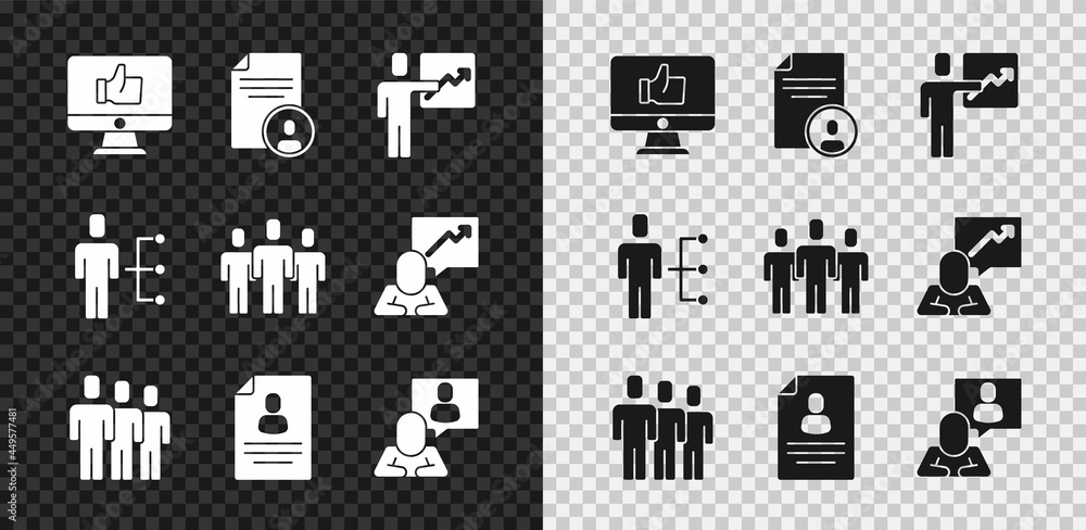 Set Hand like, Resume, Team leader, Users group, Head hunting, of man business suit and icon. Vector