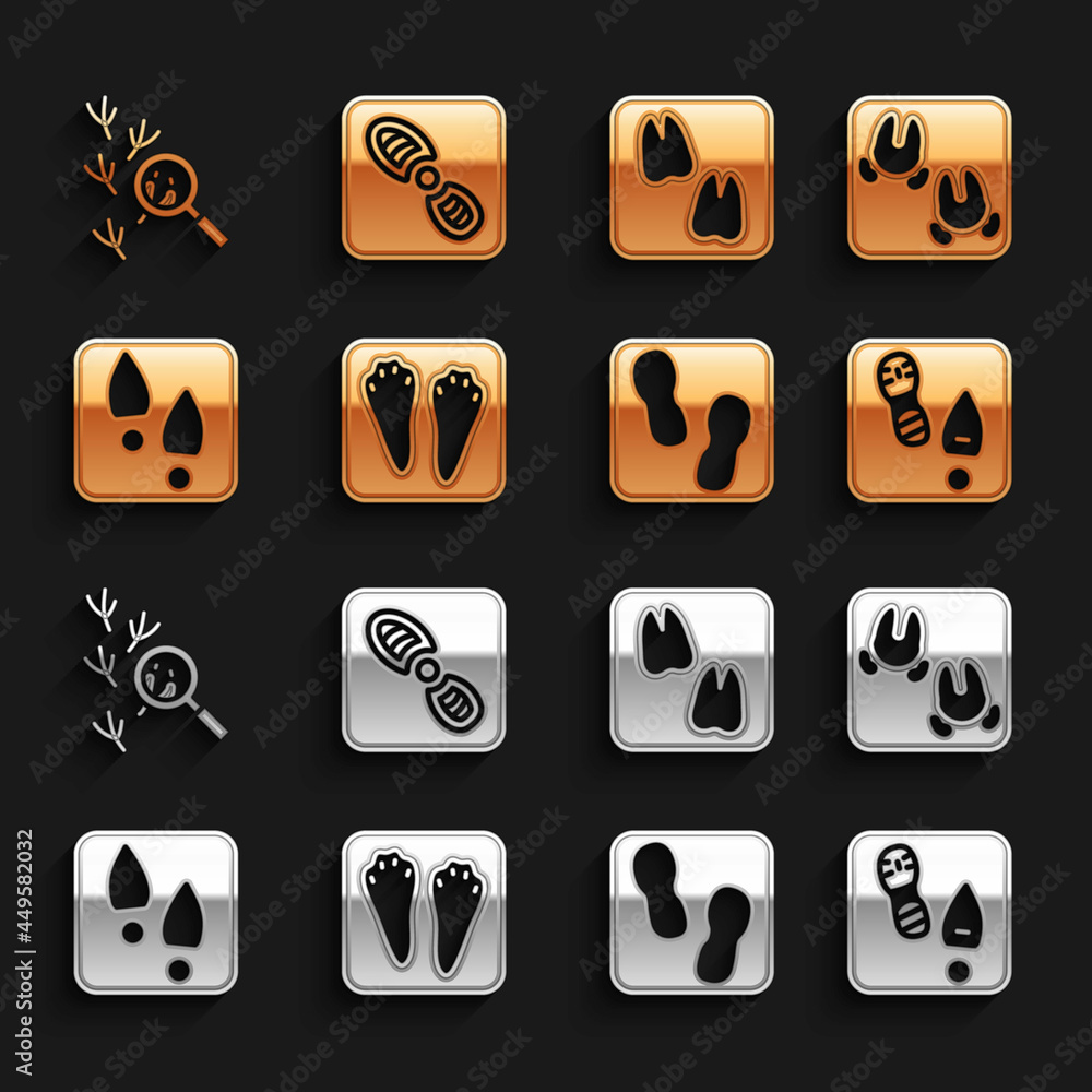 Set Rabbit and hare paw footprint, Wild boar, Human footprints shoes, Camel, Bird and icon. Vector