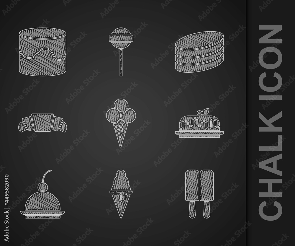 Set Ice cream in waffle cone, Cake, Cherry cheesecake, Croissant, Brownie chocolate and icon. Vector