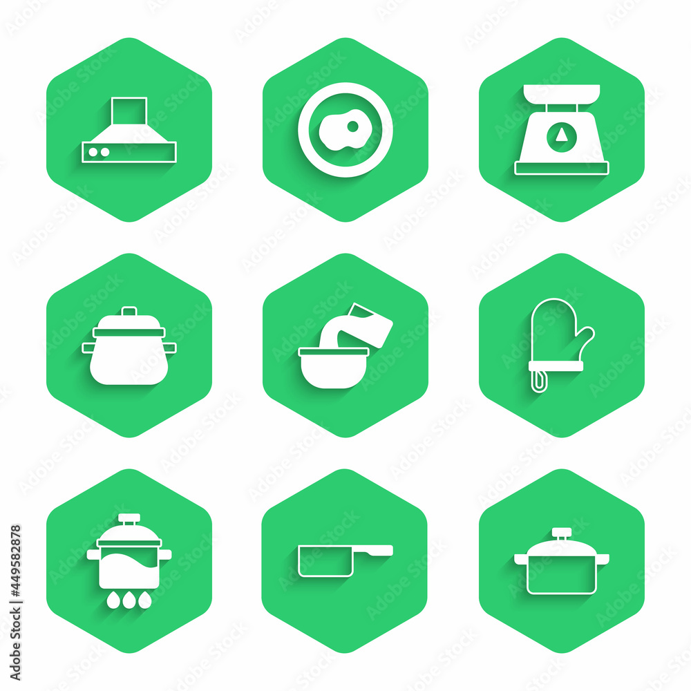 Set Saucepan, Cooking pot, Oven glove, Scales and Kitchen extractor fan icon. Vector