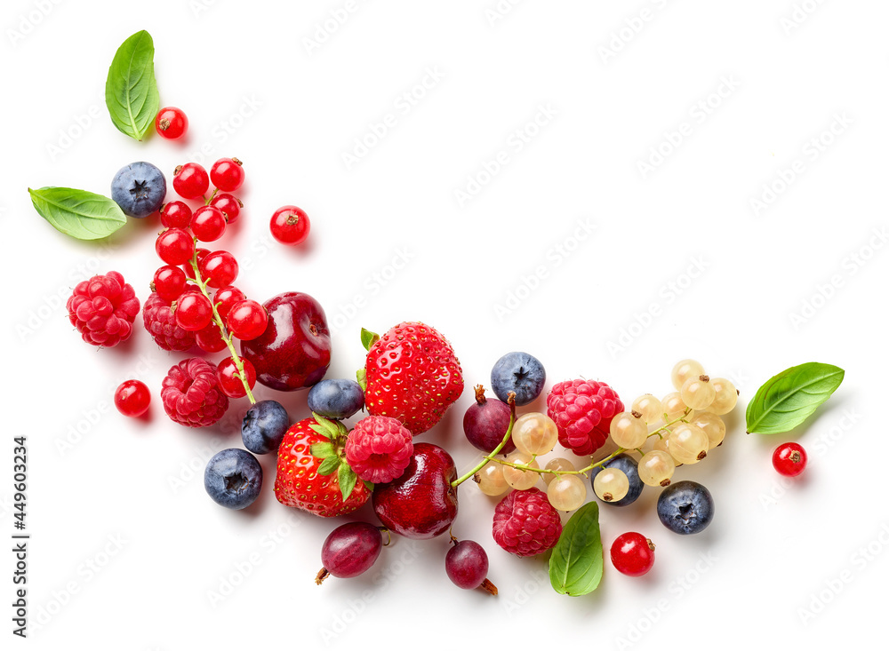 composition of fresh berries and green leaves