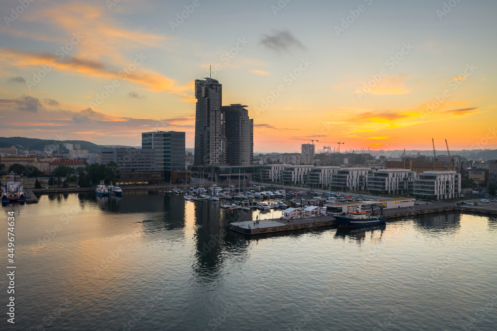 Aerial landscape of the harbor in Gdynia with modern architecture at sunset. Poland.