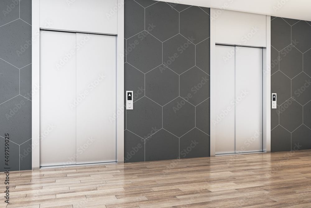 Modern office lobby interior with steel elevators, wooden flooring and tile wall. 3D Rendering.