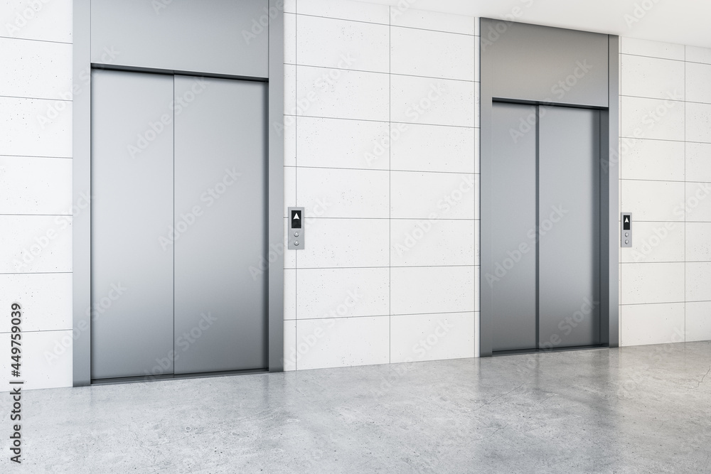 Modern office lobby interior with steel elevators, concrete flooring and tile wall. 3D Rendering.