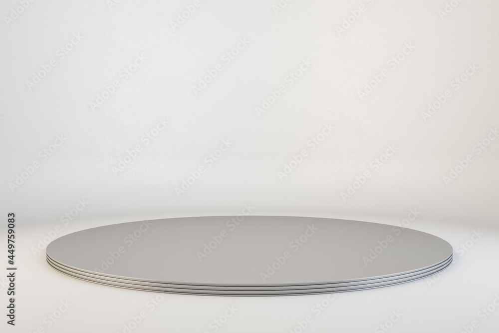 Clean round podium on white concrete background. Gallery exhibition concept. Mock up, 3D Rendering.