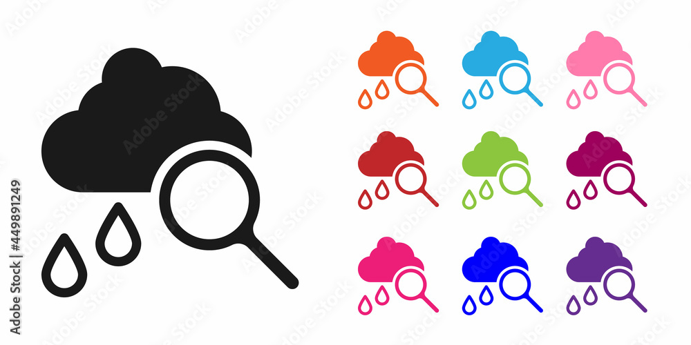 Black Cloud with rain icon isolated on white background. Rain cloud precipitation with rain drops. S