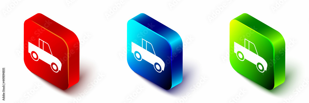 Isometric Pickup truck icon isolated on white background. Red, blue and green square button. Vector