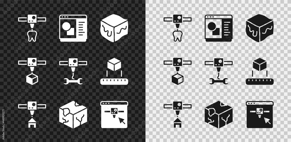 设置3D打印机齿、软件、等距立方体、房屋、设置和扳手图标。矢量