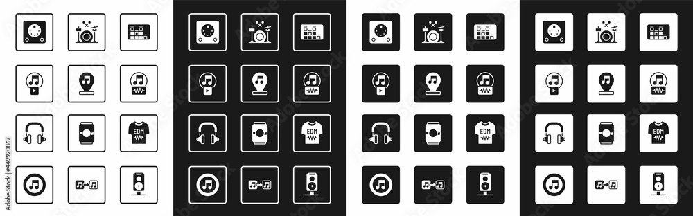 设置音乐均衡器、音符、音调、方形播放、鼓机、鼓、T恤和耳机图标。V