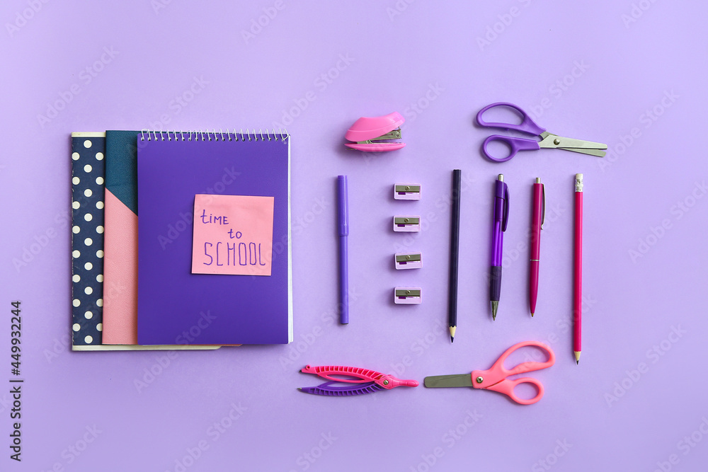 School stationery on color background