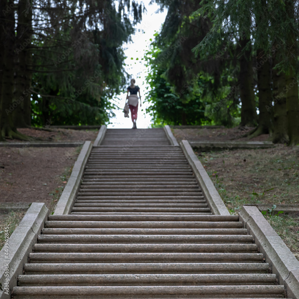 一个年轻苗条的女人的轮廓在一个长长的石头楼梯的远处模糊了。Th