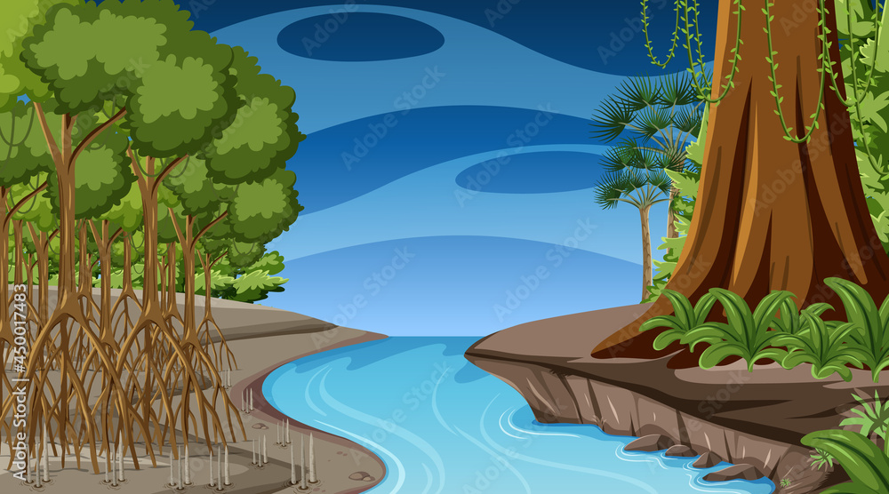 Nature scene with Mangrove forest at night in cartoon style