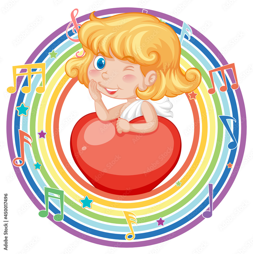 Cupid girl in rainbow round frame with melody symbol