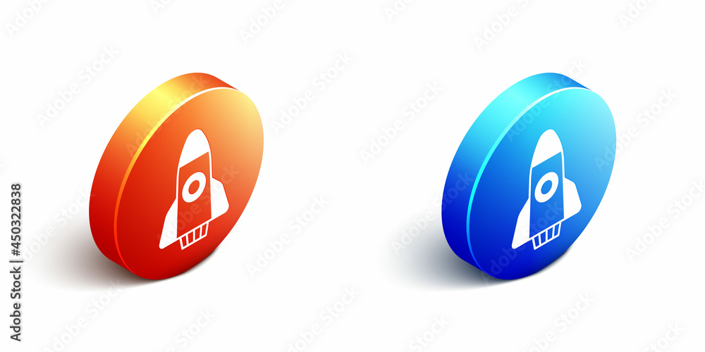 Isometric Rocket ship icon isolated on white background. Space travel. Orange and blue circle button