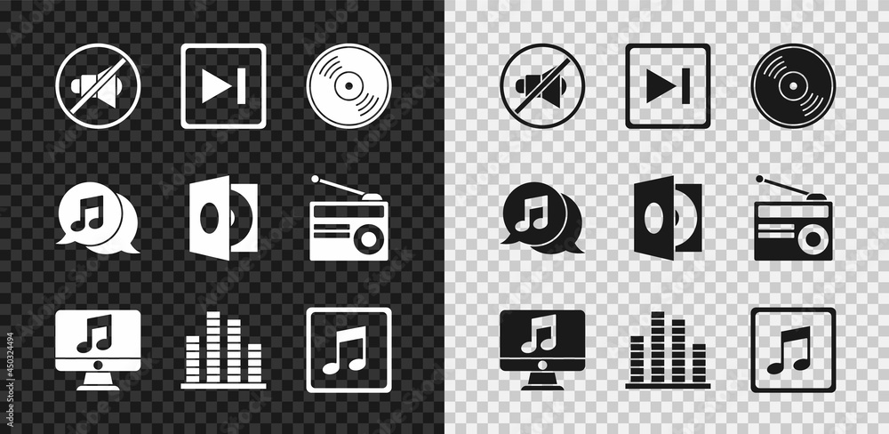 设置扬声器静音，快进，乙烯基光盘，带音符的电脑，音乐均衡器，音调，音乐