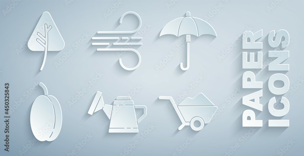 Set Watering can，Umbrella，Plum fruit，Wheelbarrow with dirt，Wind and Leaf or leaves icon.Vvector（设置水桶