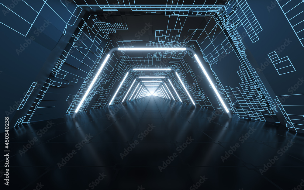 Tunnel and neon with blue background, 3d rendering.