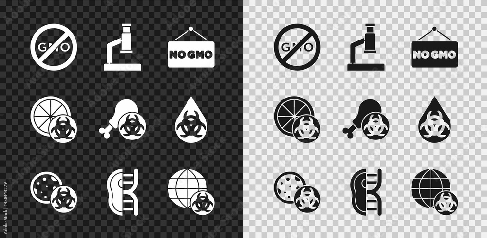 Set No GMO, Microscope, Genetically modified meat, orange and Gmo research chicken icon. Vector