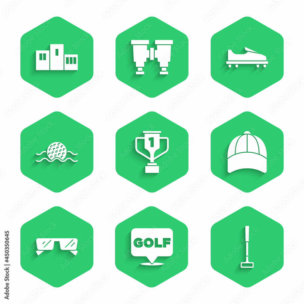 Set Award cup with golf, Golf label, club, Baseball cap, Glasses, in water, shoe and over sports win