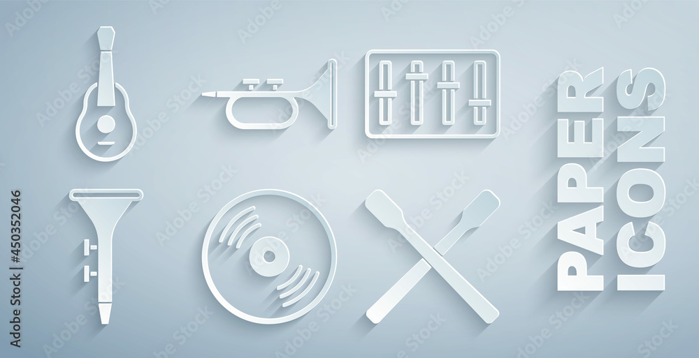 Set Vinyl disk, Sound mixer controller, Drum and drum sticks, Trumpet and Guitar icon. Vector