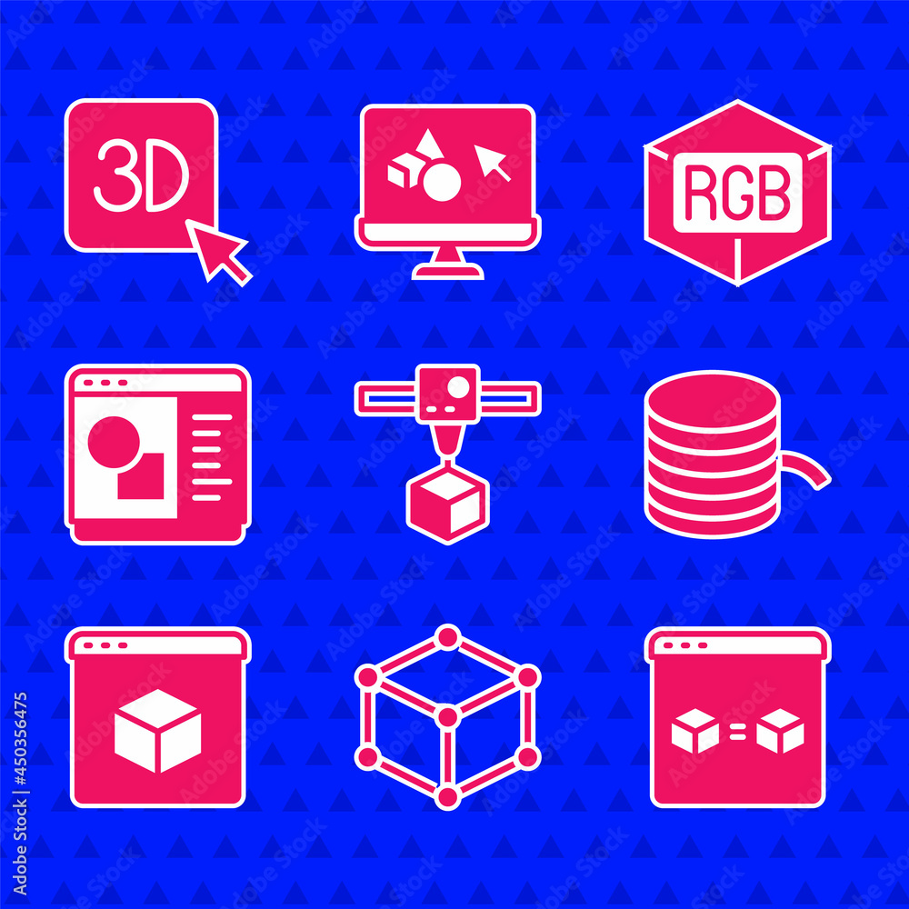 Set 3D printer cube, Isometric, perfect copy, Filament for, software, RGB and CMYK color mixing and 