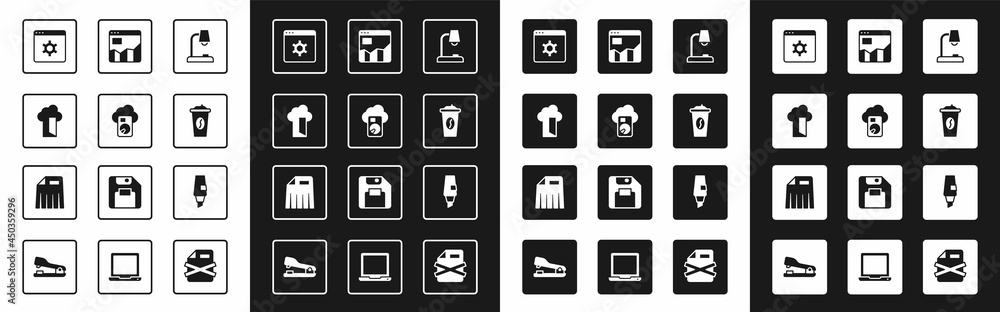 Set Table lamp, Cloud database, Browser setting, Coffee cup to go, Graph chart infographic, Marker p