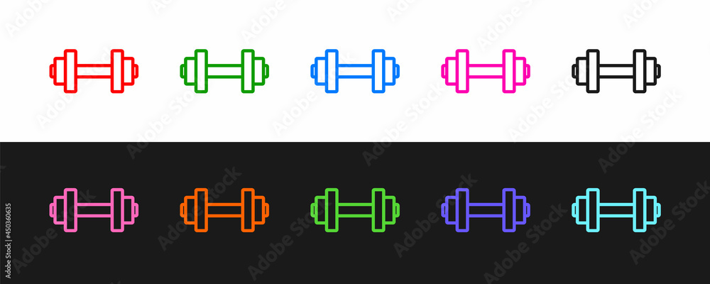 Set line Dumbbell icon isolated on black and white background. Muscle lifting, fitness barbell, spor