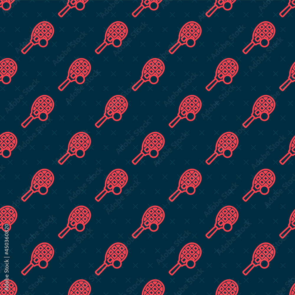 Red line Tennis racket with ball icon isolated seamless pattern on black background. Sport equipment