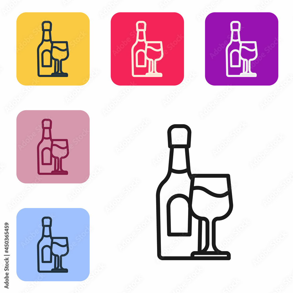 黑线酒瓶，白色背景上隔离玻璃图标。将图标设置为彩色方形按钮