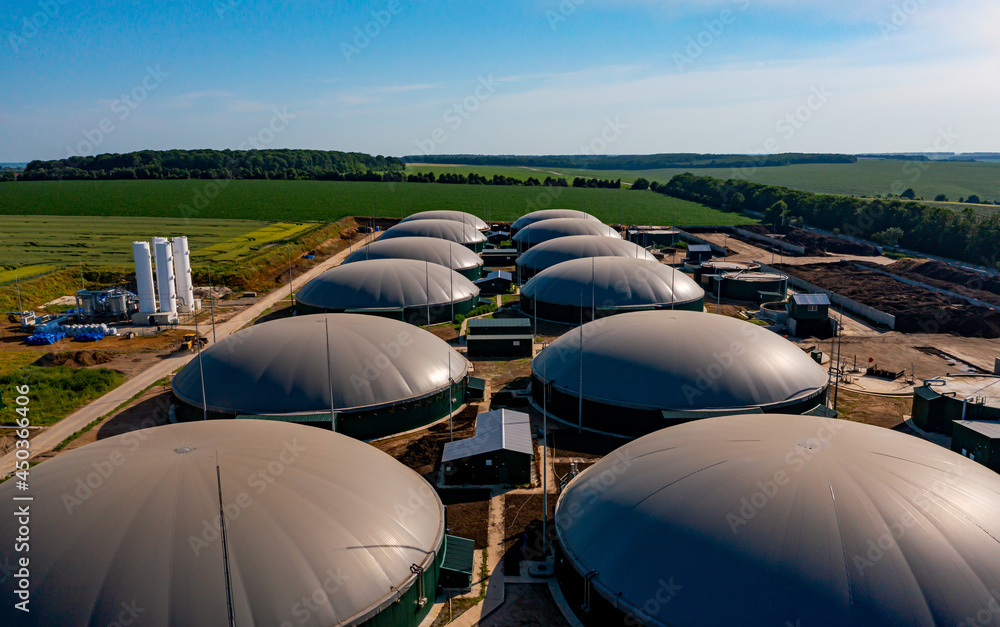 Bio gas station. Modern biofuel factory. Aerial view on biofuel plant. Ecological production concept