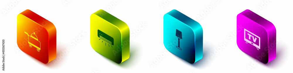 Set Isometric Covered with tray of food, Air conditioner, Table lamp and Smart Tv icon. Vector