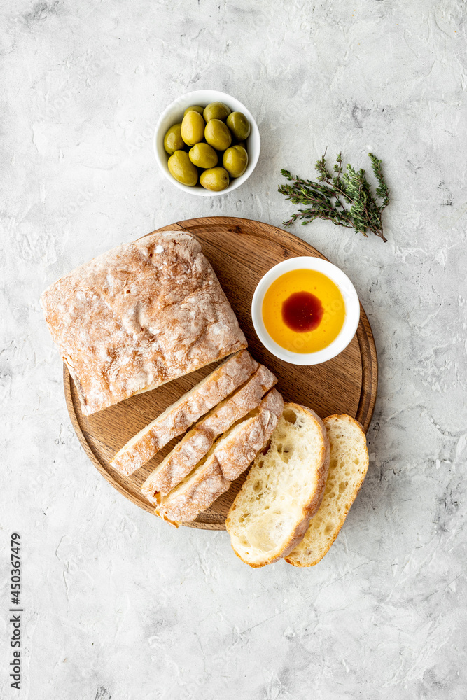 Ciabatta italian bread with olive oil and balsamic vinegar