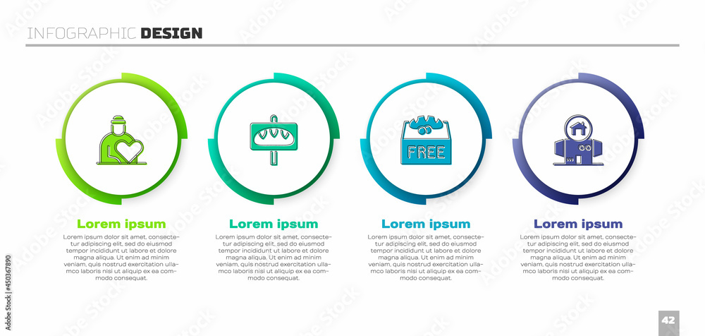 设置志愿者、捐赠食物和无家可归的纸板屋。商业信息图模板。矢量
