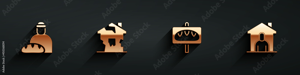 Set Feeding the homeless, Ruined house, Donation food and Shelter for icon with long shadow. Vector