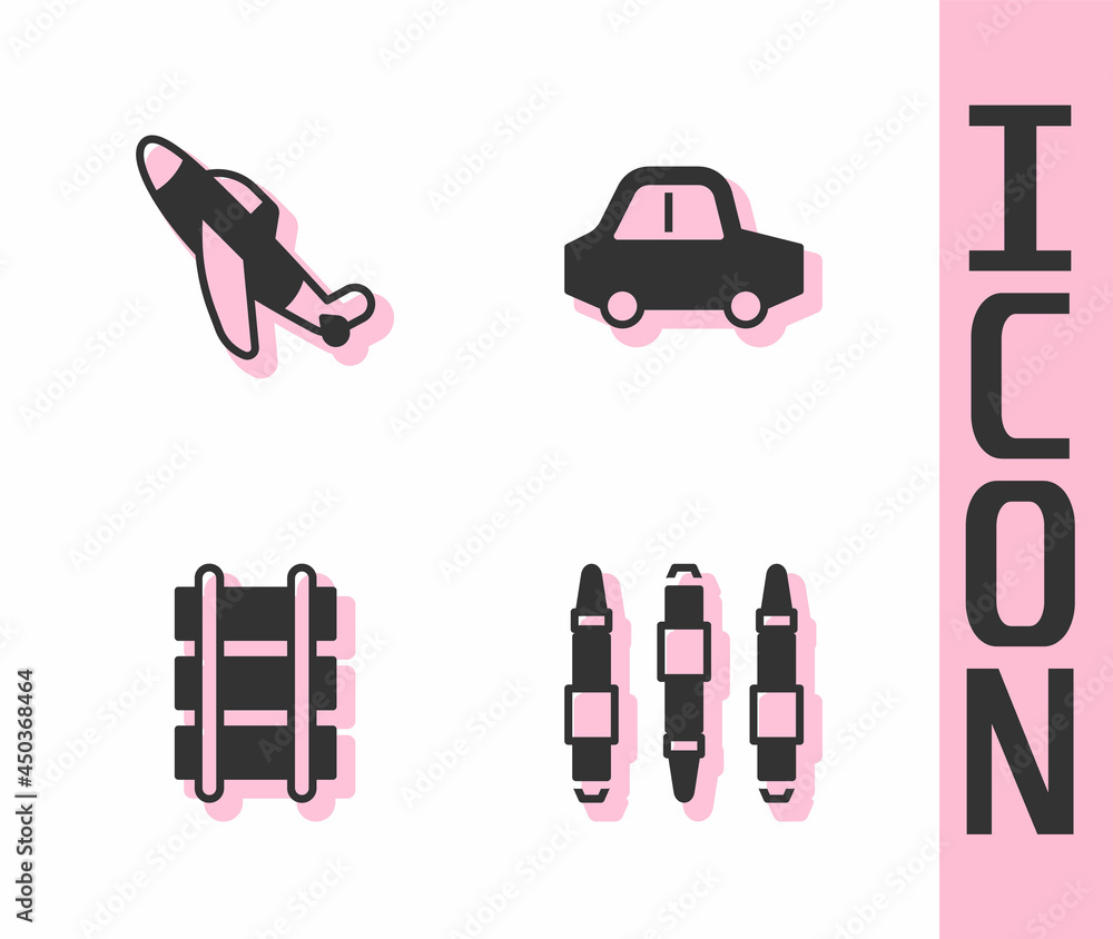 Set Marker pen, Toy plane, railway and car icon. Vector