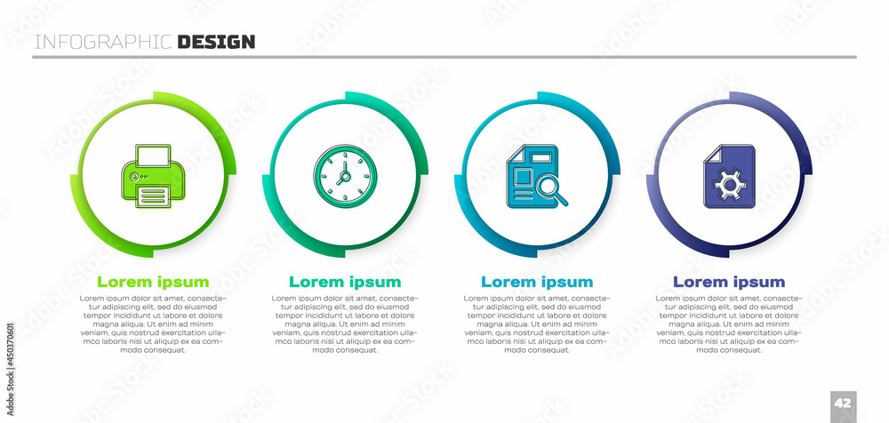 Set Printer, Clock, Document with graph chart and settings. Business infographic template. Vector