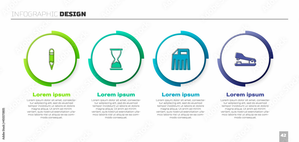 设置铅笔、旧沙漏、碎纸机和订书机。商业信息图模板。矢量