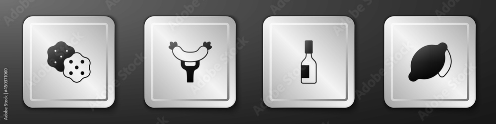 Set Cracker biscuit, Sausage on the fork, Tabasco sauce and Lemon icon. Silver square button. Vector